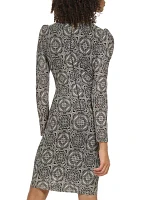 Women's Long Sleeve Round Neck Mesh Side Tie Printed Dress