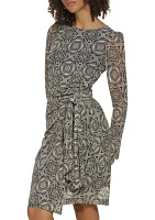 Women's Long Sleeve Round Neck Mesh Side Tie Printed Dress