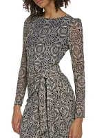 Women's Long Sleeve Round Neck Mesh Side Tie Printed Dress