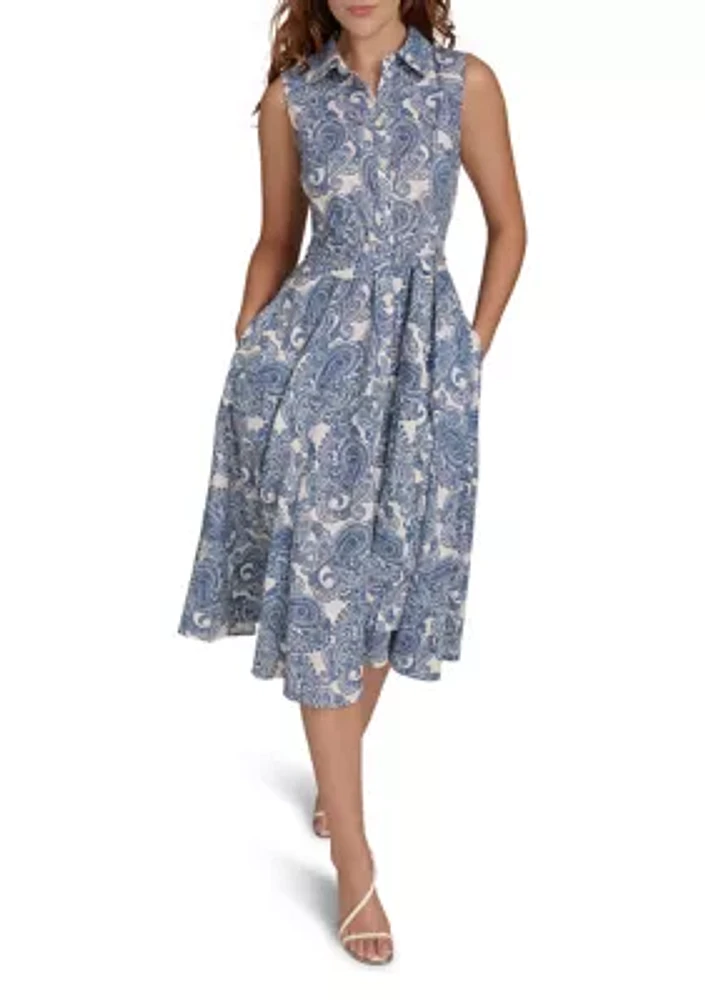 Sleeveless Cotton Poplin Paisley Midi Shirt Dress