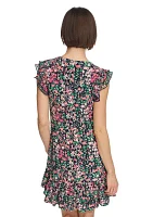 Women's Floral Shift Dress with Flutter Sleeves and Hem