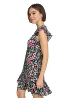 Women's Floral Shift Dress with Flutter Sleeves and Hem