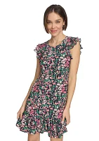 Women's Floral Shift Dress with Flutter Sleeves and Hem