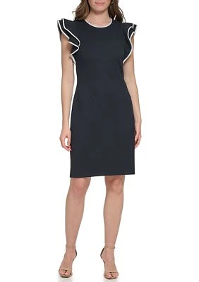 Women's Piped Flutter Sleeve Knit Sheath Dress