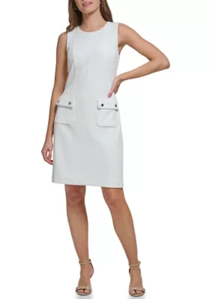 Women's Sleeveless Boat Neck Pocket Texture Sheath Dress