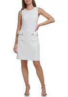 Women's Sleeveless Boat Neck Pocket Texture Sheath Dress