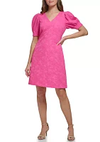 Women's Short Puff Sleeve Solid Lace Sheath Dress