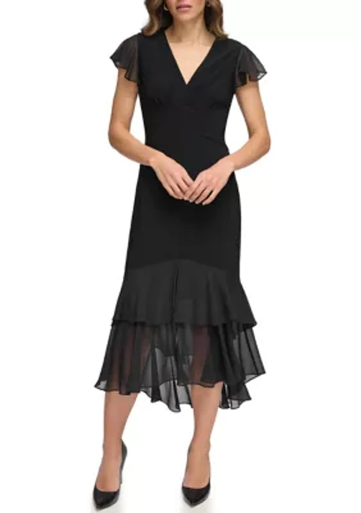 Women's Flutter Sleeve Solid A-Line Dress