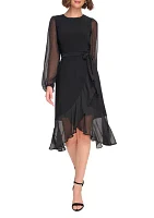 Women's Long Sleeve Self Tie Flounce Hem Midi Dress