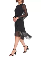 Women's Long Sleeve Self Tie Flounce Hem Midi Dress