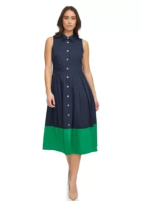 Women's Sleeveless Midi Shirtdress with Contrast Hem