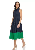 Women's Sleeveless Midi Shirtdress with Contrast Hem