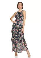 Women's Sleeveless Halter Floral Tiered Maxi Dress