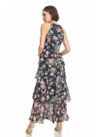 Women's Sleeveless Halter Floral Tiered Maxi Dress