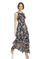 Women's Sleeveless Halter Floral Tiered Maxi Dress