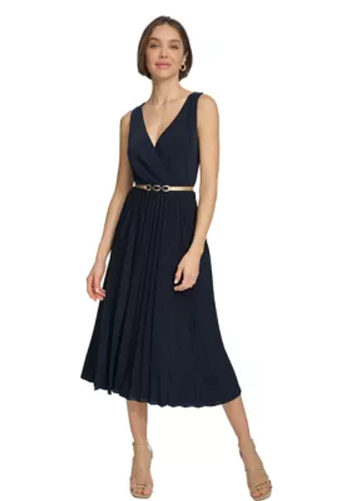 Women's Sleeveless Pleated Skirt Midi Dress