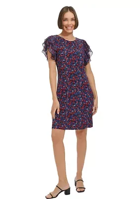 Women's Flutter Sleeve Floral Jersey A-Line Dress