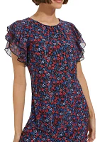 Women's Flutter Sleeve Floral Jersey A-Line Dress