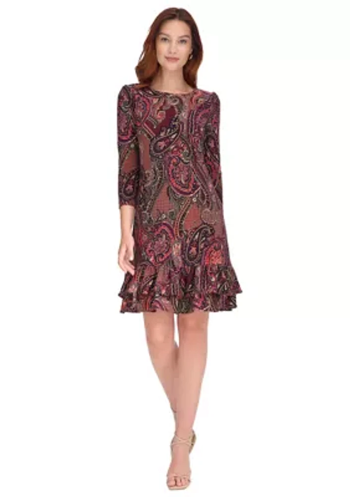 Women's 3/4 Sleeve Casbah Paisley Ruffle Hem Shift Dress