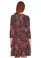 Women's 3/4 Sleeve Casbah Paisley Ruffle Hem Shift Dress