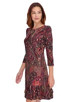 Women's 3/4 Sleeve Casbah Paisley Ruffle Hem Shift Dress