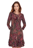 Women's 3/4 Sleeve Casbah Paisley Ruffle Hem Shift Dress