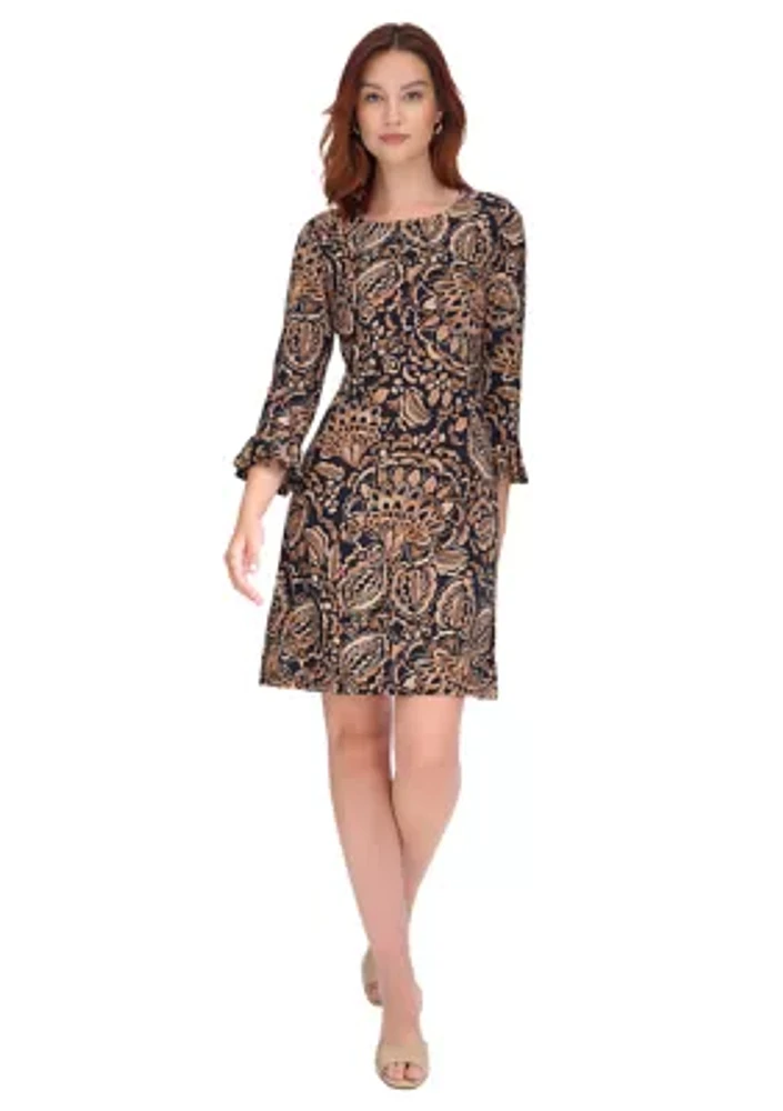 Women's 3/4 Sleeve Pleat Cuff Printed Jersey Shift Dress