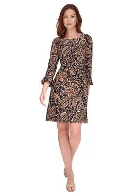 Women's 3/4 Sleeve Pleat Cuff Printed Jersey Shift Dress