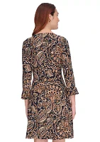 Women's 3/4 Sleeve Pleat Cuff Printed Jersey Shift Dress