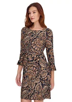 Women's 3/4 Sleeve Pleat Cuff Printed Jersey Shift Dress