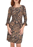 Women's 3/4 Sleeve Pleat Cuff Printed Jersey Shift Dress