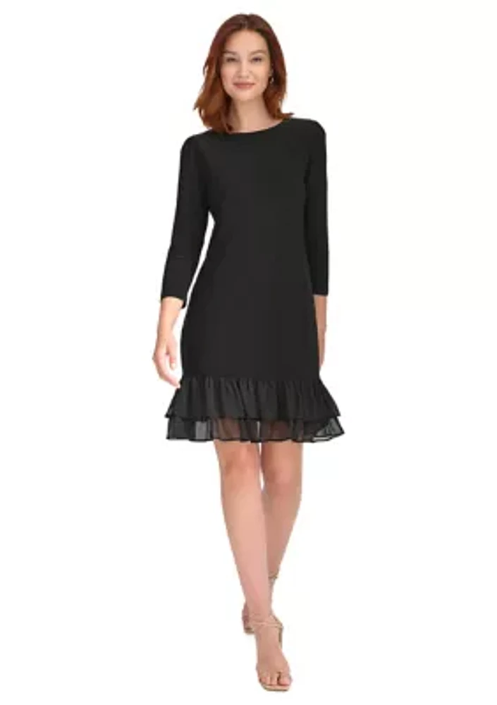 Women's 3/4 Sleeve Jersey Shift Dress with Chiffon Ruffle Hem