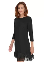 Women's 3/4 Sleeve Jersey Shift Dress with Chiffon Ruffle Hem