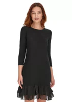 Women's 3/4 Sleeve Jersey Shift Dress with Chiffon Ruffle Hem