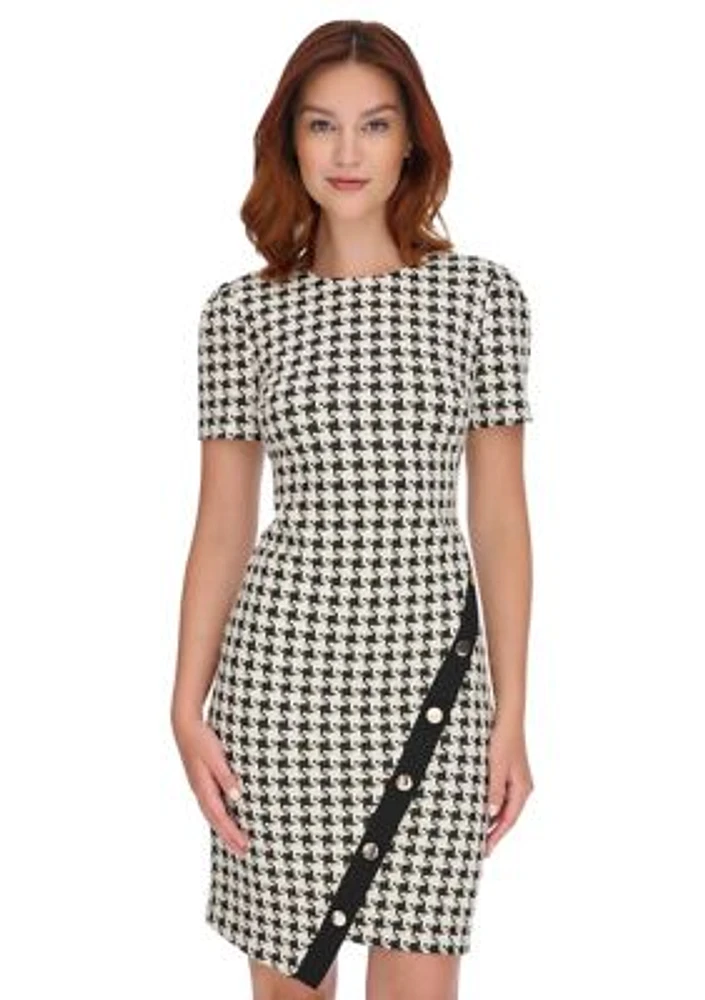 Women's Short Sleeve Houndstooth Asymmetric Hem Sheath Dress