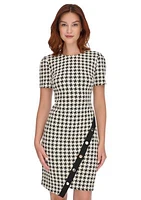 Women's Short Sleeve Houndstooth Asymmetric Hem Sheath Dress