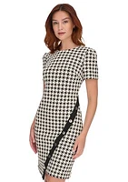 Women's Short Sleeve Houndstooth Asymmetric Hem Sheath Dress