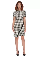 Women's Short Sleeve Houndstooth Asymmetric Hem Sheath Dress