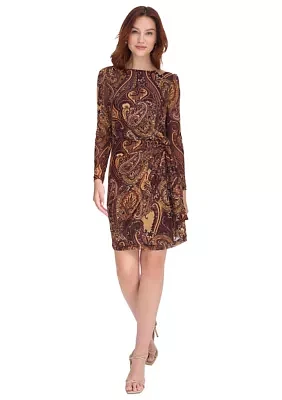 Women's Long Sleeve Casbah Paisley Mesh Side Tie Shift Dress