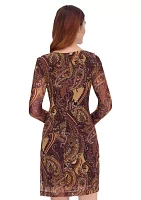 Women's Long Sleeve Casbah Paisley Mesh Side Tie Shift Dress