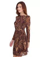 Women's Long Sleeve Casbah Paisley Mesh Side Tie Shift Dress