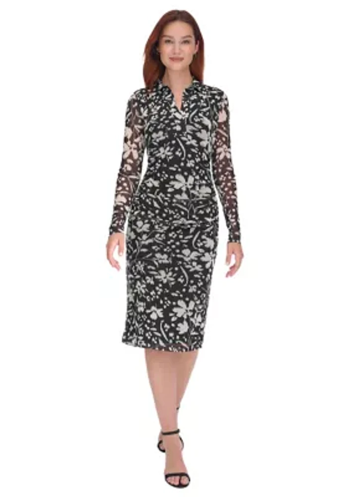 Women's Long Sleeve Side Ruched Floral Mesh Shirtdress