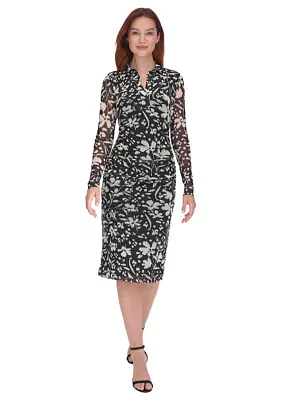 Women's Long Sleeve Side Ruched Floral Mesh Shirtdress