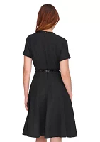 Women's Short Sleeve Button Shoulder Belted Boucle Fit and Flare Dress