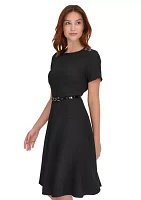 Women's Short Sleeve Button Shoulder Belted Boucle Fit and Flare Dress