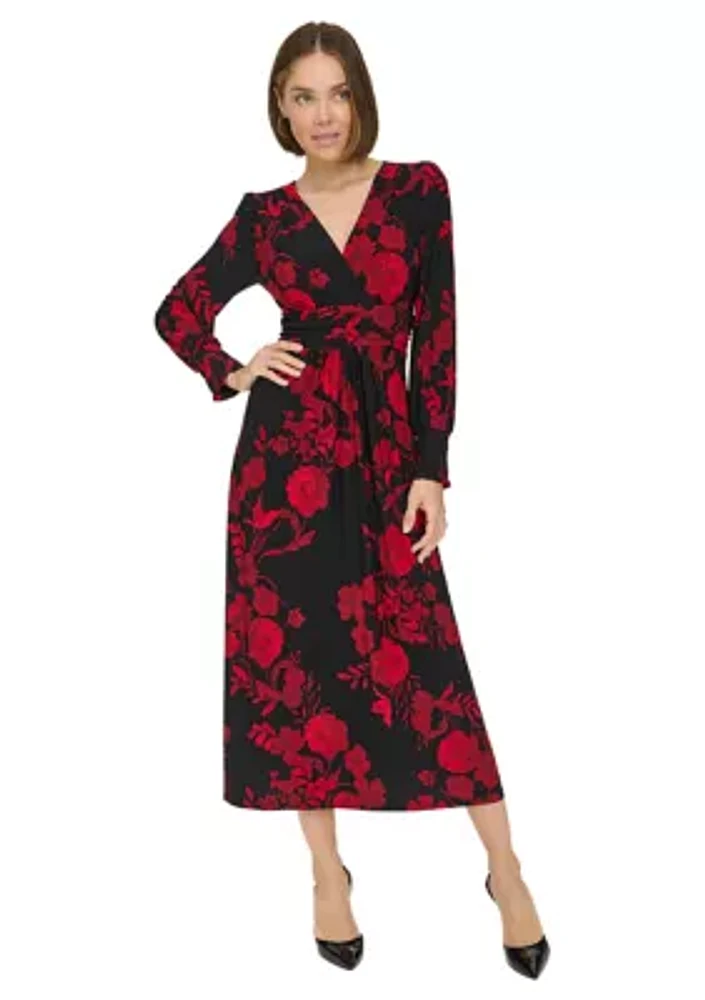 Women's Long Sleeve Ruched Waist Smocked Cuff Vita Floral Midi Dress