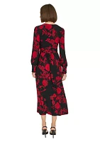 Women's Long Sleeve Ruched Waist Smocked Cuff Vita Floral Midi Dress