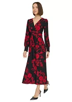 Women's Long Sleeve Ruched Waist Smocked Cuff Vita Floral Midi Dress