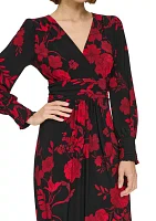 Women's Long Sleeve Ruched Waist Smocked Cuff Vita Floral Midi Dress