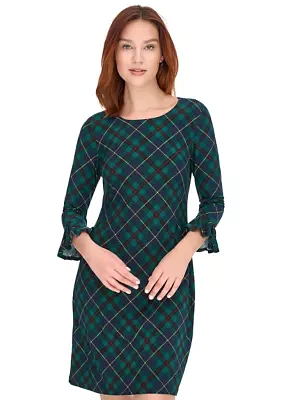 Women's 3/4 Sleeve Pleat Cuff Jersey Shift Dress